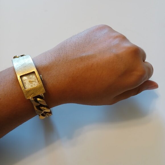 Vtg Baron 17 Jewels Gold Tone Rectangular Dial Stainless Chained Bracelet Watch - Picture 5 of 12